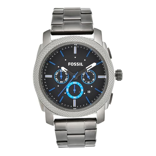 Fossil Machine uhr für Herren, Chronographenwerk mit Edelstahl- oder Lederarmband, Grau und Blau, 45MM