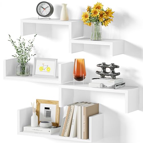 SRIWATANA Wandregal Weiß 5 Stück, Regal Wand Holz, Schweberegale Max Belastung 40kg, Moderne Wandboard Deko, DIY Wandmontage Hängeregale für Wohnzimmer Badezimmer Schlafzimmer Büro Küche (Rein Weiß)