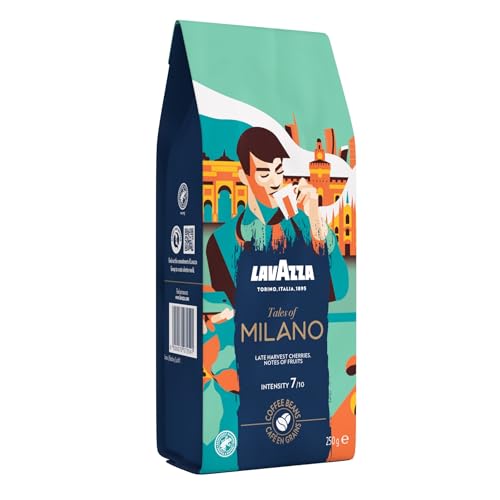 Lavazza, Tales of Milano, Kaffeebohnen, Ideal für Espresso-Kaffeemaschinen, mit Aroma Noten von Honig und getrockneten Früchten, 100% Arabica, Intensität 7/10, Hell Röstgrad, 250 g