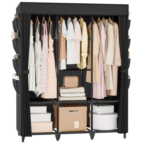 VGOBLO Stoffschrank Kleiderschrank 125 x 43 x 162 cm, Stabiler Faltschrank mit Abdeckung, 3 Kleiderstangen, 6 Ablagen & 8 Seitentaschen, freistehender Textilschrank für Schlafzimmer Keller