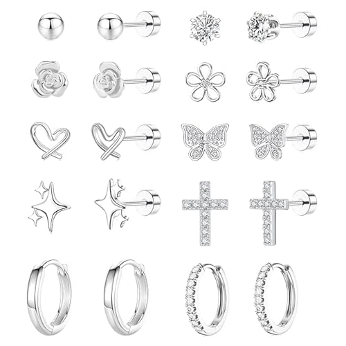 LOFITOR 10 Paar Hypoallergene Ohrringe für Damen Mädchen 316L Chirurgenstahl Medizinische Ohrstecker Creolen Hängende Set Kreuz Blume Herz Stern Kinder Edelstahl Ohrringe Mädchen Set Silber