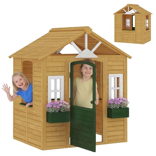 AIYAPLAY Kinderspielhaus aus Holz Spielhaus Outdoor mit Tür 3 Fenster 2 Blumenkästen Gartenhaus für Kinder von 3-8 Jahren 134,5 x 97 x 150 cm Braun