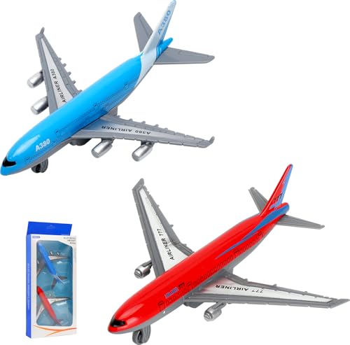 VOSSOT 2 Stück Airbus A380 Flugzeug Spielzeug – Mini Metall Flugzeug Modell mit Rückziehfunktion, Airplane Modelle, Perfekt als Flughafen Spielzeug und Geschenk (14 cm Länge)
