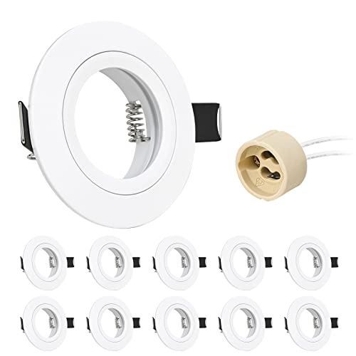URing 10er Einbaustrahler GU10 Set Aluminium weiß Matt 230V, inkl. GU10 Fassung, Einbaustrahler Rahmen Einbaurahmen Einbauspots für LED Halogen, Rund Decken Spot Einbauleuchten Lochdurchmesser 68mm