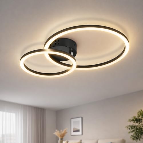 Homefire Deckenlampe Wohnzimmer LED Deckenleuchte 2-Ringe - 40cm Schwarz Küchenlampe Decke 3000K Warmweiß 23W Wohnzimmerlampe Modern Design Deckenbeleuchtung für Küche Schlafzimmer Flur Büro
