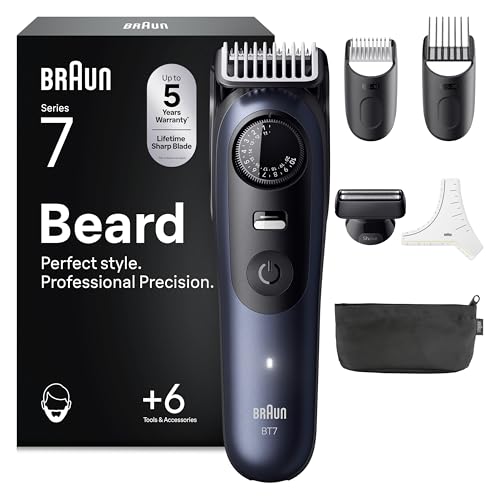 Braun Barttrimmer Series 7, Elektrischer Bartschneider Herren mit 6 Zubehörteile, Ultrascharfe ProBlade Klinge, 120 Min Akkulaufzeit, Kabelloser Bartrasierer, 40 Längen, Wasserdicht, BT7520, Blau