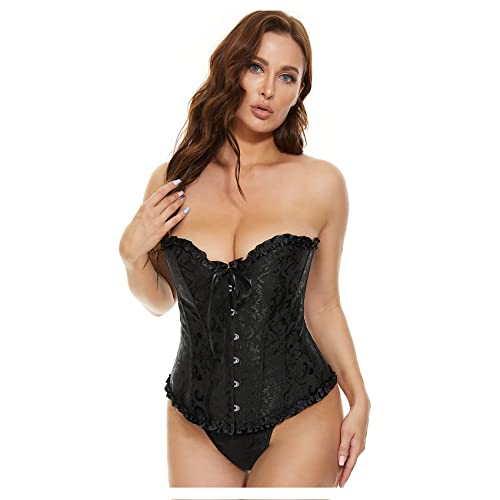 XZQTIVE Damen Bustier Korsett Spitze Up Boned Overbust Bustier Gothic Corsage Dessous Top,Schwarz,M