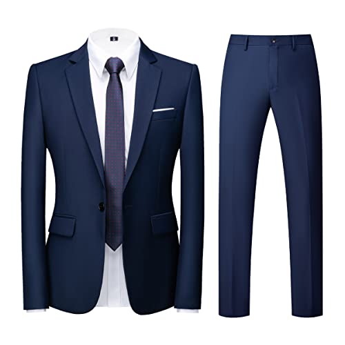 Herrenanzüge, 2-teilig, schmale Passform, einreihig, einreihig, für Hochzeit, Business, Freizeit, Smoking, Blazer, Hose, Anzug-Set, blau, L
