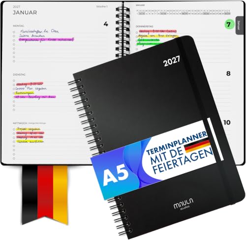 Terminplaner 2027 A5 – Buchkalender mit Wochenplaner & DE Feiertagen | Kalender 2027 A5 - 1 Woche auf 2 Seiten - Monatsübersicht & Jahresplaner - Monatsregister - 138 Seiten FSC-Papier