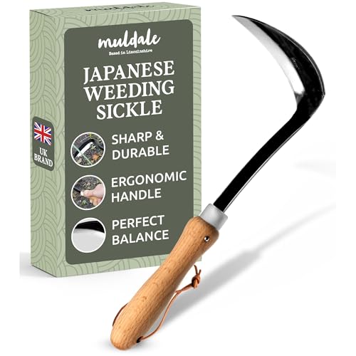 Muldale Japanische Rasierhacke mit ergonomischem Holzgriff, gebogenes Handhackenblatt für manuelles Jäten und Gartenarbeiten