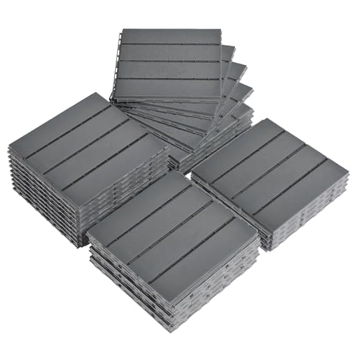 LEADZM WPC Fliesen, Balkon Bodenbelag - 30 x 30 cm 27 Stück / 2,4m² - Wetterfeste Terrassenfliesen mit Klicksystem, Geeignet für Balkon und Garten, Horizontale Streifen - Dunkelgrau