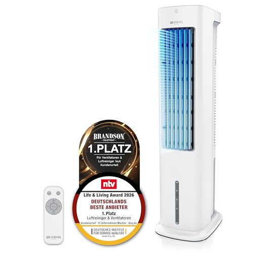 Brandson - Turmventilator mit Wasserkühlung - Preisträger 2026 - Verdunstungskühler - Luftkühler - Ventilator - mobile Klimaanlage ohne Abluftschlauch - 5 in 1 - leise - weiß