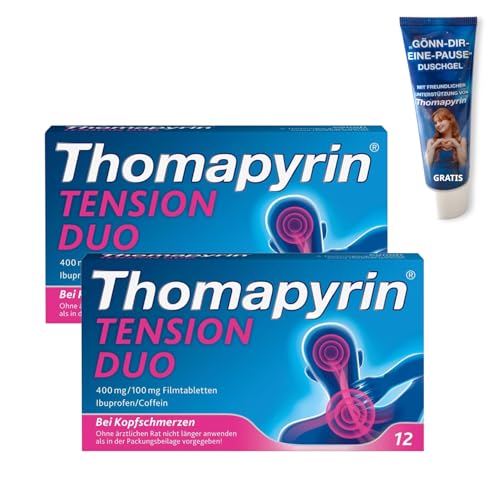 Thomapyrin TENSION DUO 2x12 Stk & Duschgel | Thomapyrin TENSION DUO Schmerztabletten bei stärkeren Kopfschmerzen | Ibuprofen mit dem Booster Coffein | Wirkt 40% stärker als Ibuprofen 400 mg
