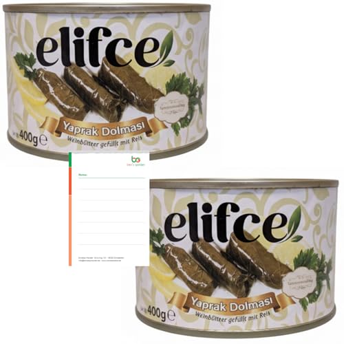 Elifce Reisgefüllte Weinblätter Doppelpack (2 x 400g) - Yaprak Dolmasi – Fertiggericht in Dose - Traditioneller Genuss – Pflanzlich + Ben's Garden Notizblock Set