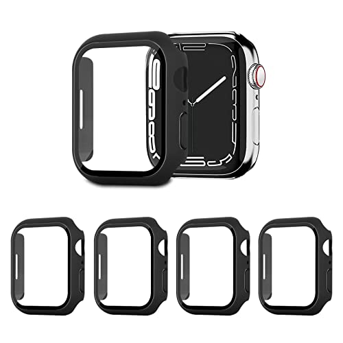 AOTUAO 4 Stück Hülle mit Displayschutz Für Apple Watch Series 9 8 7 45mm, PC Rundum Schutzhülle Kratzfest Schutzfolie Schutz Case für iWatch Series 9 8 7 45mm (4 Schwarz)