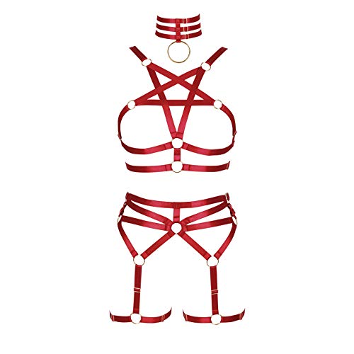 BBOHSS Damen Body Harness Pentagramm BH Set Punk Strumpfband Bein Taille Tanz Elastic Gothic Carnival Zubehör (Weinrot)