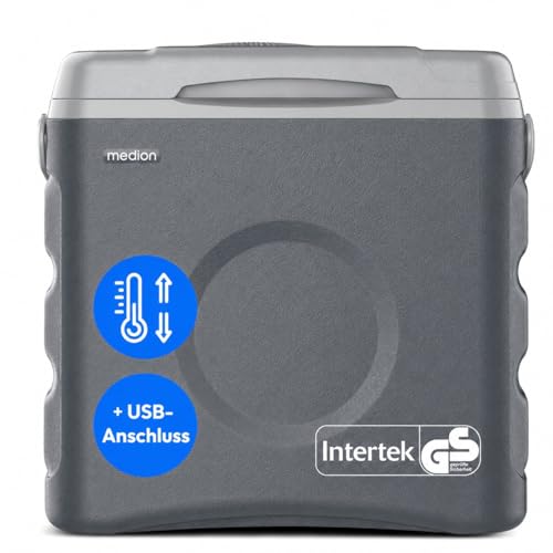 MEDION Thermoelektrische tragbare Kühlbox (35 Liter Brutto, Kühl- und Warmhaltefunktion, 12V Zigarettenanzünder 230V Netzanschluss USB 5V - Stromversorgung, für Auto, Boot und Camping, MD370030) grau