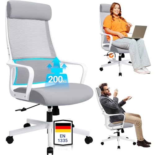 MELOKEA Bürostuhl Ergonomisch mit Verstellbarer Kopfstütze, Schreibtischstuhl mit Breites Sitzkissen, Lendenwirbelstütze, Bürostuhl 200 kg, Mesh Stuhl, Home Office Chair, EN 1335 Computerstuhl, Grau