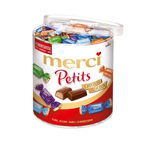 merci Petits Chocolate Collection – 1 x 1000 g (Großpackung) – Pralinen-Mix aus nicht gefüllten und gefüllten Schokoladen-Spezialitäten – Schokopralinen in praktischer Runddose