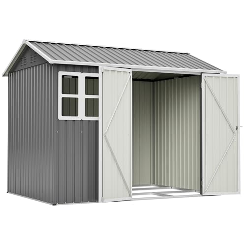 Thanaddo 8×6ft Gerätehaus Metall Groß Geräteschuppen 250x180x200cm mit Fundamentrahmen, Wetterfest Gartenhaus mit Fenster & Abschließbarer Tür, Gartenschuppen für Outdoor Garten Hinterhof, Grau