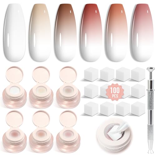 Shining She Ombre Gel Nagellack Set, 6 Farben Helle Nude Serie Pat Painting Gel Nail Polish Set für Farbverlauf Nageldesign Gradient Blush Effekt DIY mit Maniküre-Greifer und 100 Nail Art Schwämme