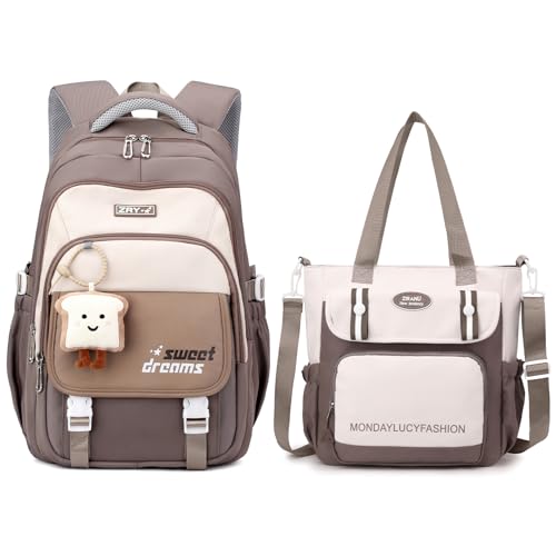 Amythe Schulrucksack Mädchen Set, Schulranzen für Mädchen der 3. bis 7. Klasse, 36L Schultasche Mädchen mit Umhängetasche, Lässiger Rucksack Teenager Daypack mit Anhängern, Braun