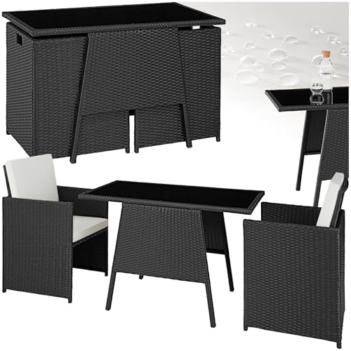 tectake® Poly Rattan Sitzgruppe für 2 Personen, Outdoor Möbel platzsparend zusammenschiebbar, 2 Sessel & 1 Tisch, ideales Balkon Lounge Set, Gartenmöbel, Terrassenmöbel wetterfest - schwarz