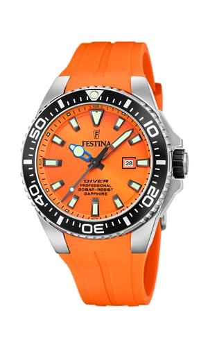 Festina Herren Uhr Analog mit Orangefarbenem Kautschukarmband - Quarzwerk - Kalender - Saphirglas mit hoher Widerstandsfähigkeit - Wasserdicht bis 20 ATM F20664/4 The Originals