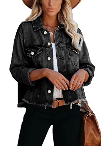 JayscreateEU Female Jeansjacke Kurze jacke Denim Jean Mantel Outwear Lange Ärmel Damen Jeansjacke mit Knöpfen Winter Herbst jacke Kanten und Waschen mit Tasche,Schwarz,XXL