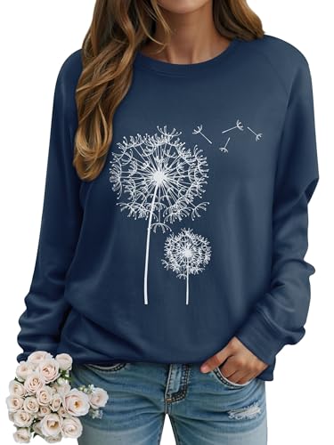 Dresswel Damen Löwenzahn Sweatshirt Langarmshirt Pusteblume Drucken Pullover Herbst Winter Bluse Tops Oberteile(Navy, M)