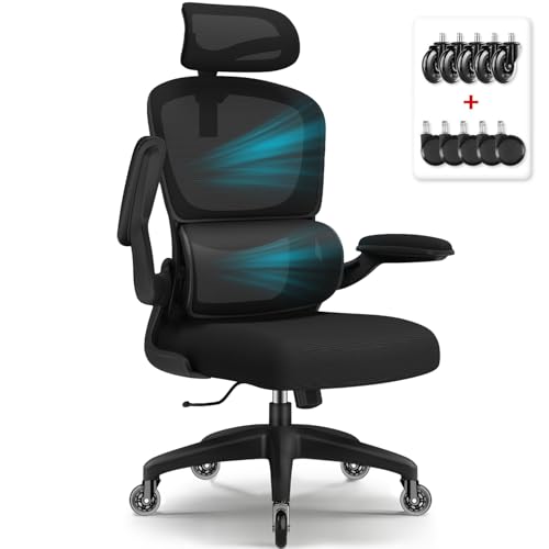 Bürostuhl, Schreibtischstuhl, Bürostuhl Ergonomisch mit Verstellbarer Kopfstütze, Lendenwirbelstütze und Klappbaren Armlehnen, Ergonomischer Stuhl 150 kg, Wippfunktion bis 135°, mit Gummirollen