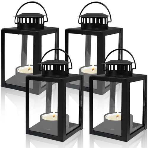 4 Stück Laternen für Draußen, 6x10.1CM Windlicht Outdoor, Laterne für Blockkerzen, Gartenlaterne, Teelichthalter Klein Metall Laterne für Kaffee Tisch, Kamin Mantel, Modern Tischdeko, Schwarz