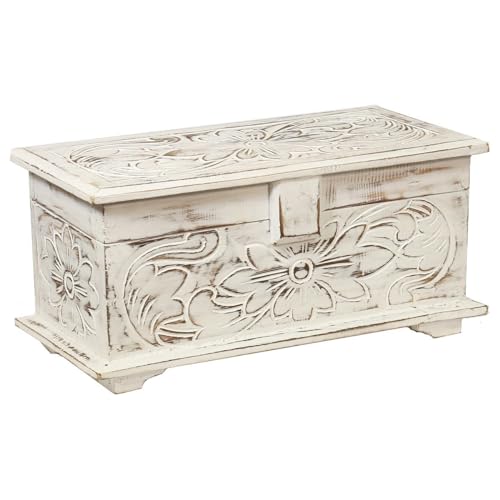 Oriental Galerie Truhe Holzkiste Holztruhe Schatztruhe Kiste Box Palmenholz Holzbox Blumen Schnitzereien Shabby Used Look Weiß Klein 40 cm