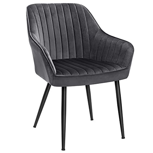 SONGMICS Esszimmerstuhl, Sessel, gepolsterter Sitz, mit Armlehnen, Sitzbreite 49 cm, Metallbeine, Bezug aus Samt, Belastung 110 kg, für Wohnzimmer, Schlafzimmer, Grau LDC087G01