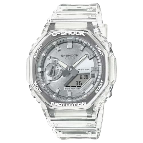 Casio G-Shock GA-2100BM-7A8ER Herren Analog-Digital Quarzuhr mit Edelstahlgehäuse, Transparentes Silikonarmband, Wasserdicht 20 bar, Weltzeit, LED-Beleuchtung, Stahl, 41 mm