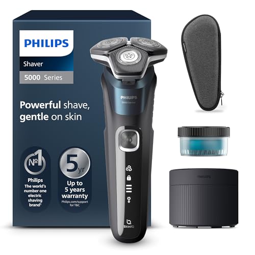 Philips Shaver Series 5000 – Elektrischer Nass- und Trockenrasierer mit SkinIQ Technologie, ausklappbarer Trimmer, Transporttasche, Reinigungsstation, Elektrik-Blau (Modell S5889/50)