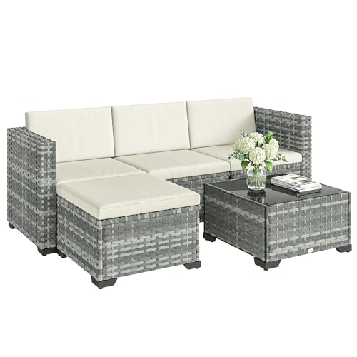 Outsunny Polyrattan Gartenmöbel Set 5-teilig, Lounge Set mit Ecksofa Hocker Tisch Sitz- & Rückenkissen, Rattan Sitzgruppe bis 4 Personen, Lounge Möbel Outdoor Grau+Cremeweiß