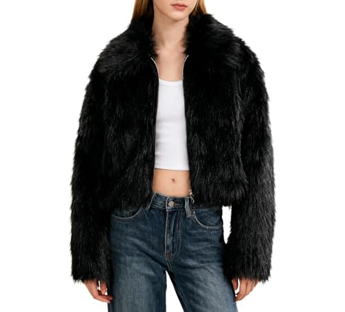 Amazhiyu Pelzmantel Damen, Felljacke Kunstfell Jacke Kunstpelz Mantel Pelzjacke, Kurz Plüschmantel Wintermantel Jacken, Faux Fur Coat Mit Reißverschluss und Pockets, Schwarz, S