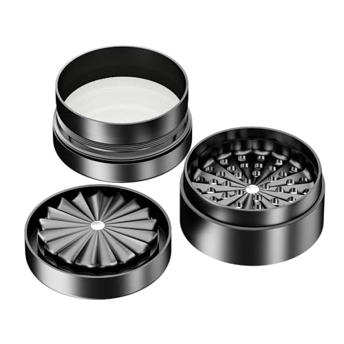 Premium Toothless Grinder Hollywood 2.0 Schwarz | Zahnlos | Aluminium in Raumfahrtqualität | 4 – teilig | Blüten (Flower) Mühle (Mill) | Inkl. Feinsieb & Pollenfach | Original California's Choice