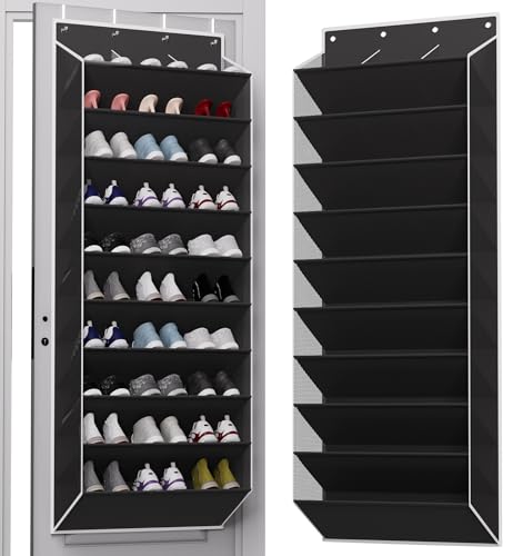 TAHAVICE Hängender Schuh-Organizer für die Tür, 10 Ebenen – Verbreitertes Schuhregal Tür hängend mit Stützstangen für 30–36 Paar Schuhe, ideal für Wohnung, Schlafzimmer oder Studentenwohnheim,Schwarz
