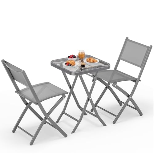 LIFERUN Klappbar Balkonmöbel Set 3-teilig, Wetterfest Bistroset mit Glasplatte und Textilene-Stühlen, 1 Klapptisch mit 2PCS Klappstühle, Platzsparend für Kleinen Balkon, Terrasse, Garten, Grau