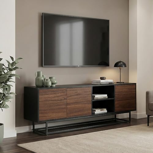 [en.casa] Sideboard Boxholm Lowboard Wohnzimmer Mehrzweckschrank mit 3 Türen Push-to-Open Kommode 160 x 30 x 57 cm Metallgestell verstellbar Schwarz/Walnussoptik