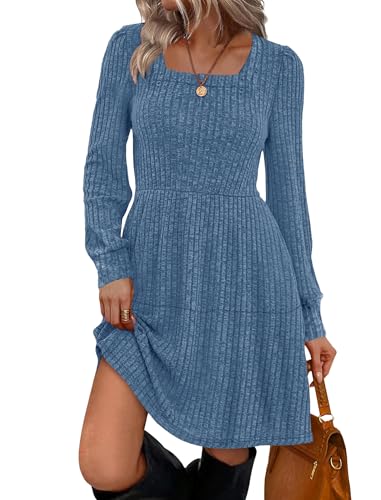 Cicy Bell Freizeitkleider für Damen Leichte Strickkleid Pulloverkleid Langarm A-Linie Casual Babydoll Herbst Kleider,Blau,S