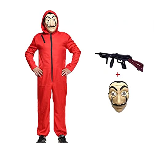 Karneval Kostüm Bankräuber Overall für Halloween Dieb Kostüm Overall Rot Langarm Strampler mit Kapuze,Cosplay Set Maske Und Maschinengewehr Fasching Kostüm
