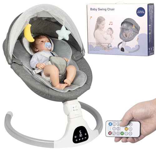 Elektrische Babywippe für Säuglinge bis 9 kg, klappbar, mit Fernbedienung & Bluetooth, Timer-Funktion, 5 Schaukelgeschwindigkeiten, 3 Sitzpositionen (Grau)