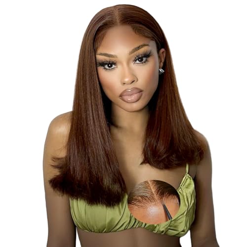 Oxeyegirl 18 Zoll 9x6 Straight Chocolate Brown 200% Density Wear and Go Glueless Wig Echthaar Perücke HD Lace Front Wig Human Hair Wigs Perücken Echthaar Damen No Glue Pre Plucked Pre Cut 46 cm