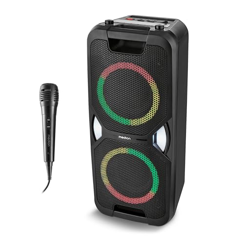 MEDION PE-1 Pure Partybox (Akku, mit Mikrofon, tragbarer Bluetooth Lautsprecher groß, Musikbox, Verschiedene Lichteffekte, Partylautsprecher mit Karaoke, 2 x Mikrofonanschluss, AUX, USB, Radio)