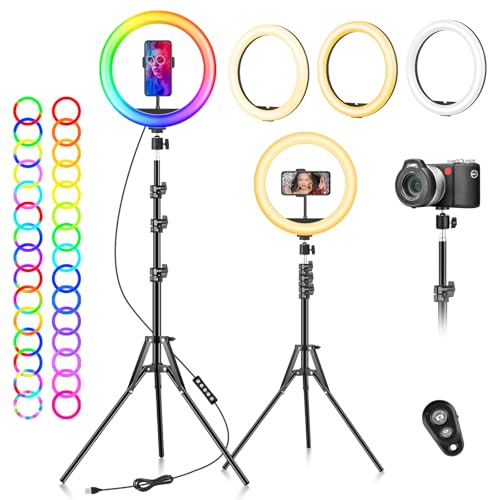 LED Ringlicht mit Stativ Handy 10 Zoll - 40 RGB-modi Dimmbare Selfie Licht Ringleuchte Ring Light Lichtring Ringlampe - Handystativhalter mit Lampe für Smartphone Kamera YouTube Vlog Fotografie