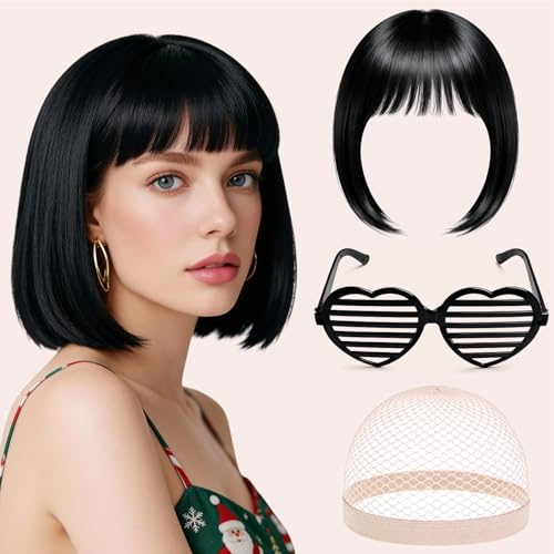 Perücke Damen Fasching Perücke Schwarz - Perücken Frauen Kurz mit Haarnetz und Bunte Brille, Schwarze Perücke Karneval, Black Bob Wig Faschingsperücken für Karneval Cosplay Motto Party
