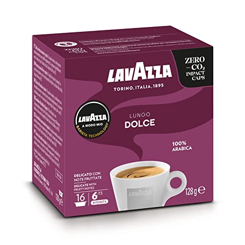 Lavazza, A Modo Mio Lungo Dolce, 1 Packung mit 16 Kaffeekapseln mit Aromanoten von Getrockneten Früchten, 100 % Arabica, Intensität 6/13, Mittlere Röstung